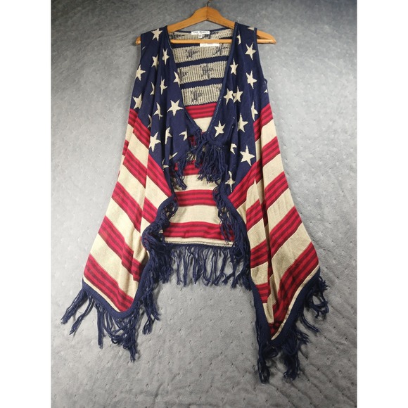 Say What? Jackets & Blazers - Say What Womens American Flag Knit Fringe Vest Red White Blue Stars Stripes L